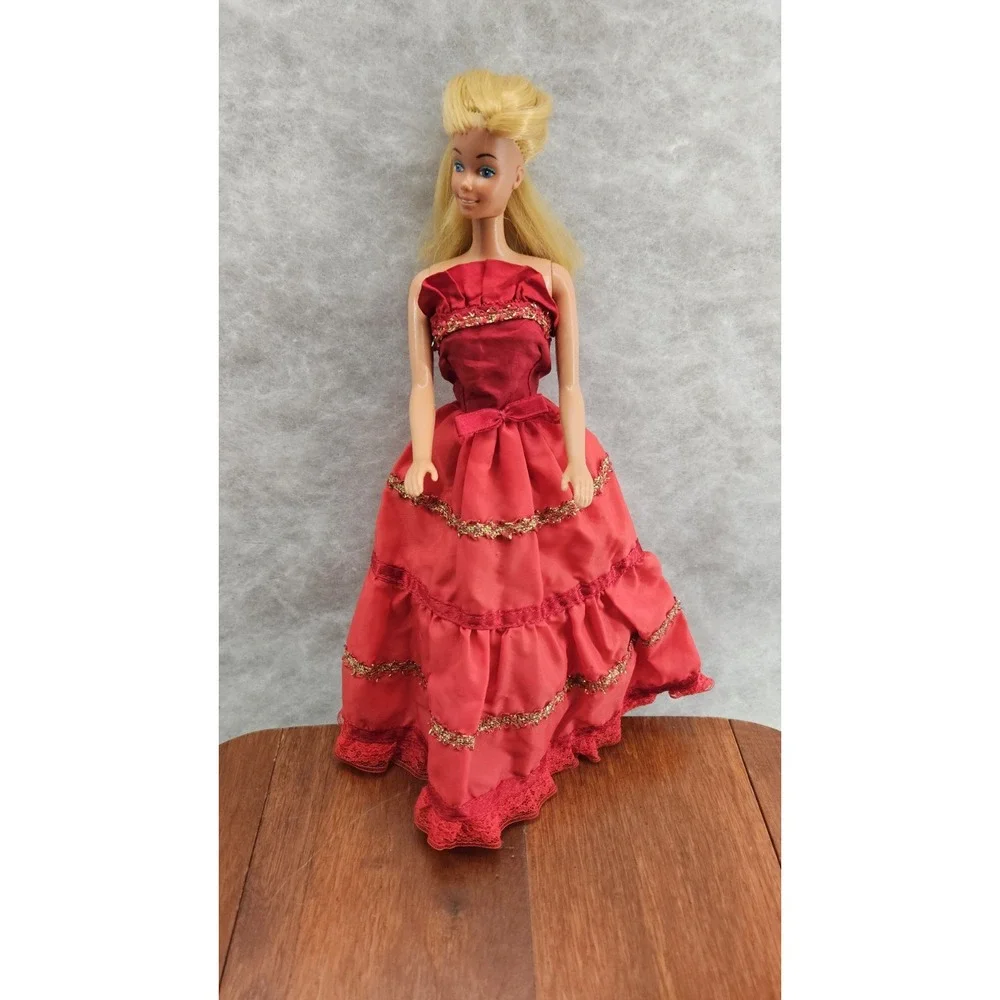 Barbie Sized Christmas Gown Red‎ Gold Holiday Dress Clothes Vtg DRESS ONLY